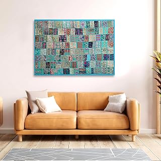 Indian Handmade Embroidered Patchwork Wall Hanging Tapestry – Vintage Saree Patces Cutting Wall Art | Bohemian Decor | Ethnic Wall Hanging (Aqua Blue (60 x 40 inches))