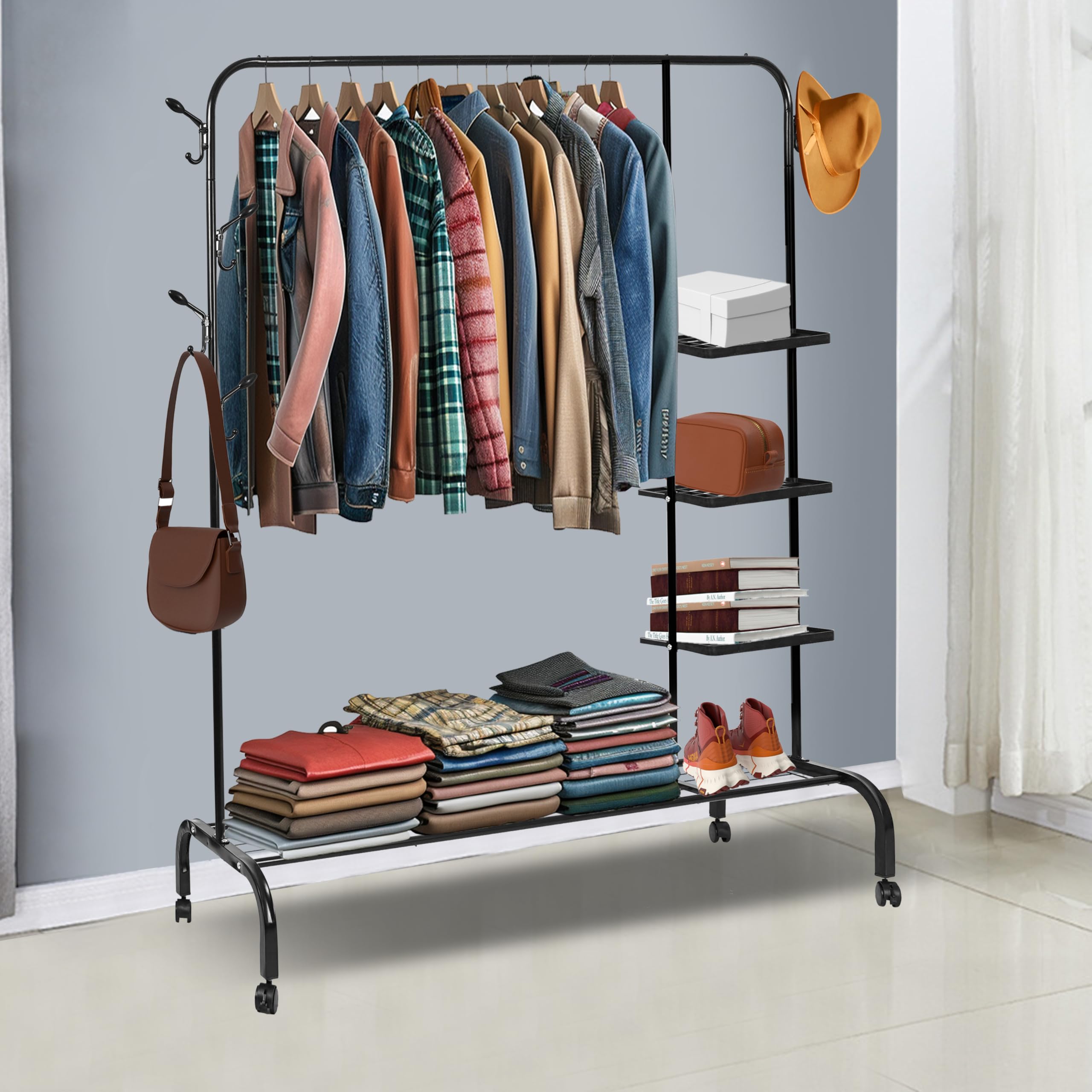 LEOPAX® Premium Clothes Rail, Freestanding Coat Rack with Bottom Shelf & Hooks, Bedroom Garment Clothes Rack, Coat Stand Mobile Coat Tree Coat Hanger Stand With Wheels - Black - 150 x 43 x 154cm (B0DD62K3TD) Amazon Price History, Amazon Price Tracker