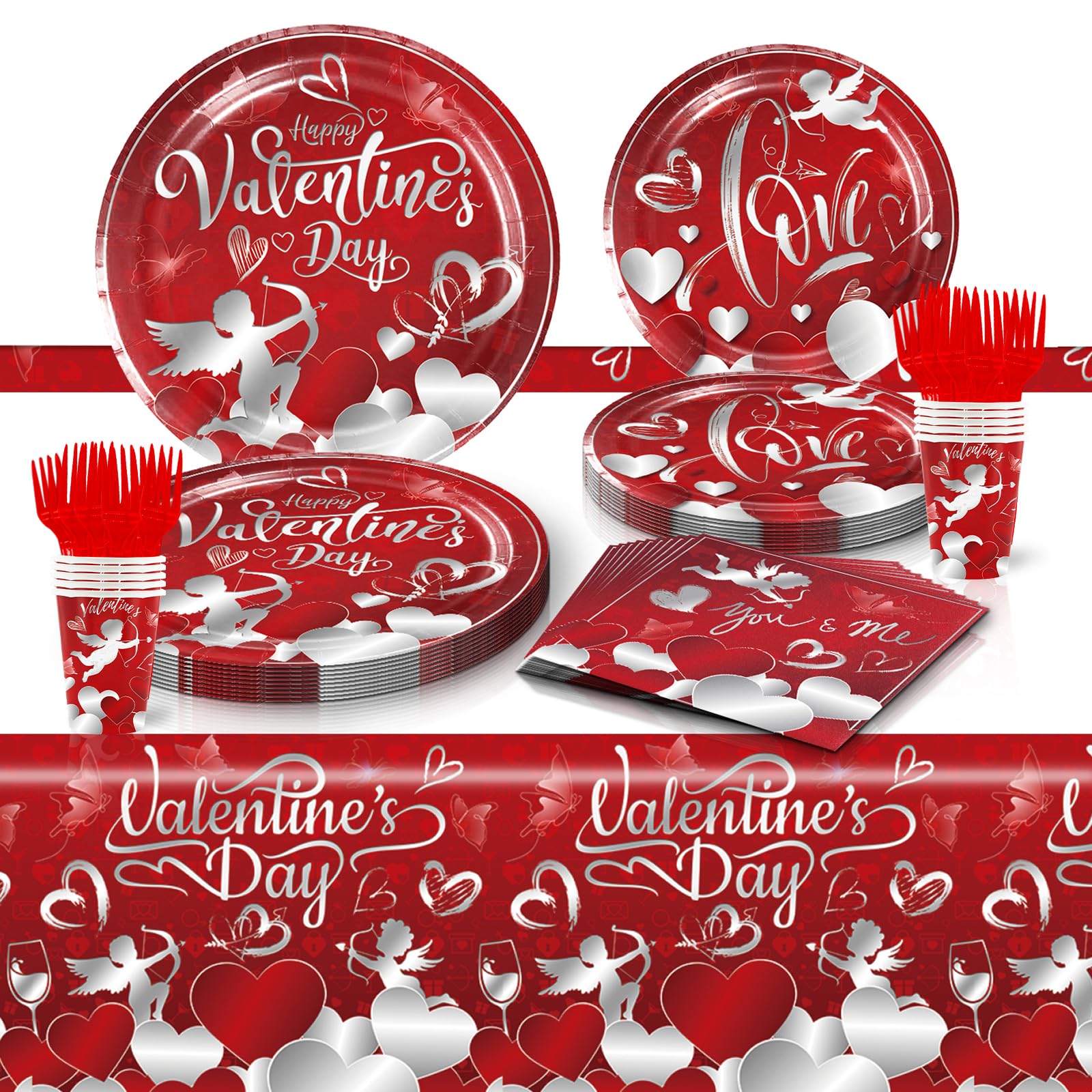 73Pcs Valentine's Day Party Supplies Tableware Set 12 9" Dinner Plates 12 7" Dessert Plate 12 Cups 24 Pcs Napkins 12 Forks 1 pcs tablecloth Valentine's Cupid Romantic Dinnerware Decor