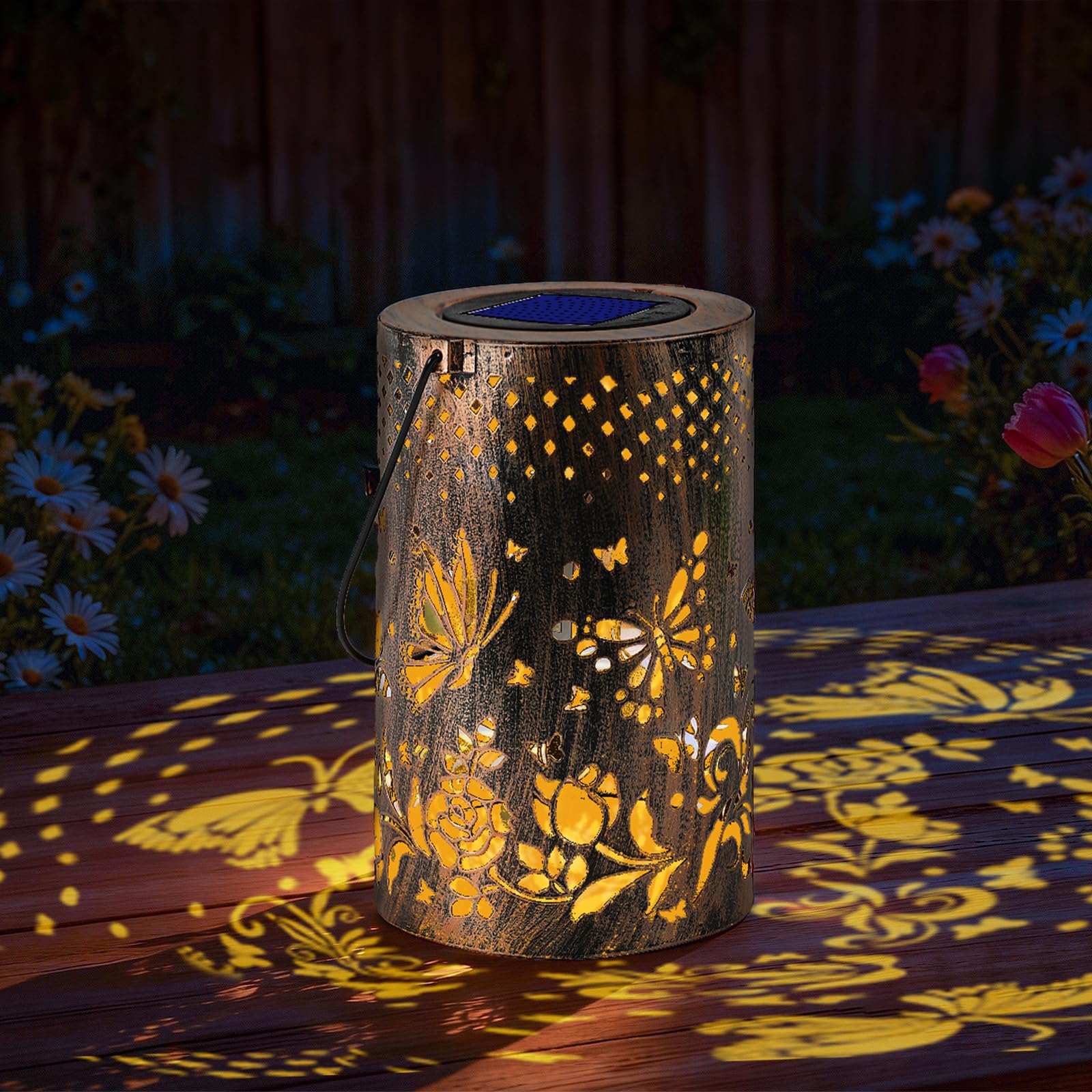 SISAYWEY Outdoor Solar Garden Lights: Solar-Powered Yard Patio Hanging Decoration Lanterns with Handle, Outside Waterproof Decorative Lamps with Dynamic Dragonfly Pattern (Butterfly)