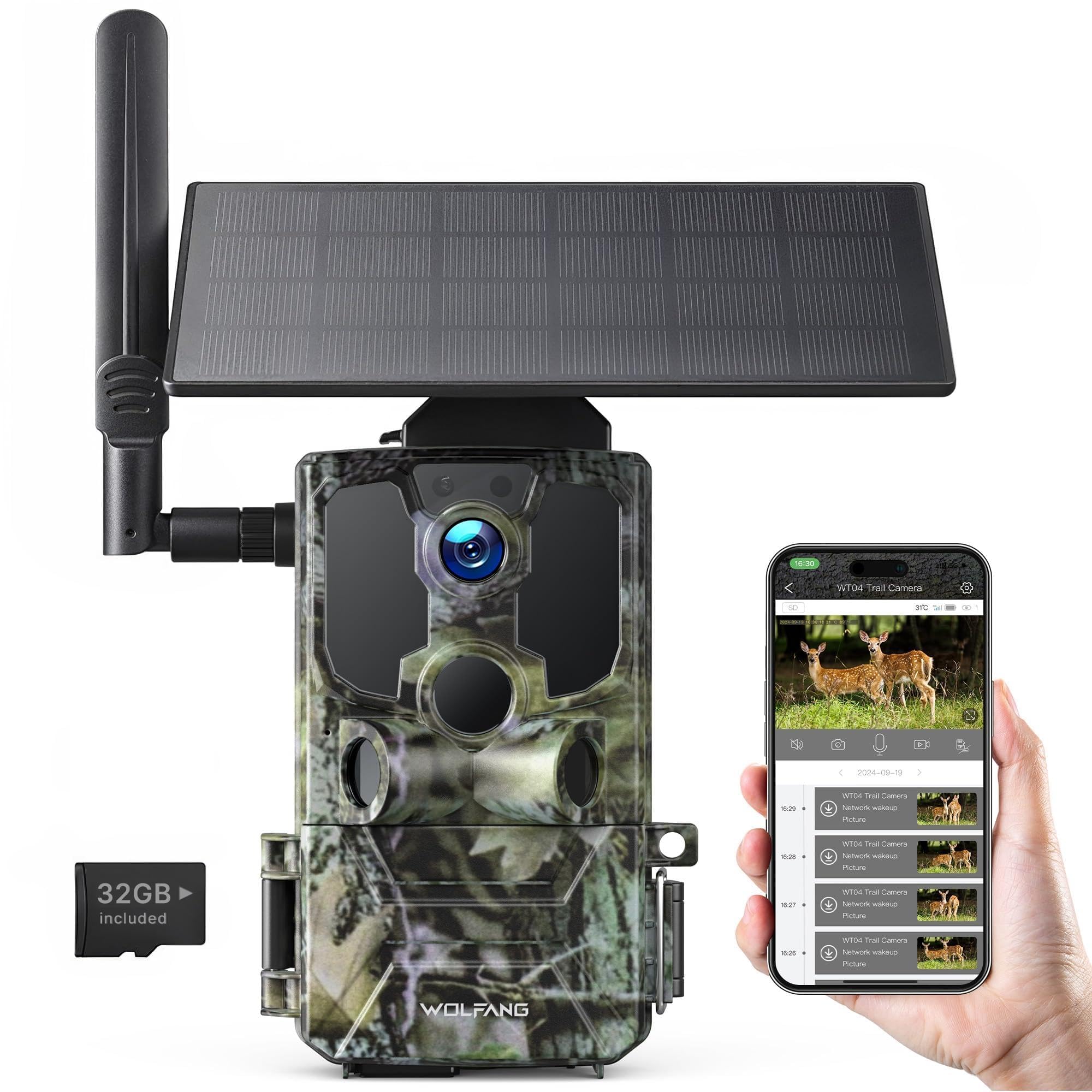 WOLFANG Caméra de Chasse cellulaire 4G LTE à énergie Solaire, Batterie 7800 mAh, caméra de Suivi cellulaire 2,5 K avec contrôle par Application, SIM intégrée, Vision Nocturne, déclencheur de 0,2 s