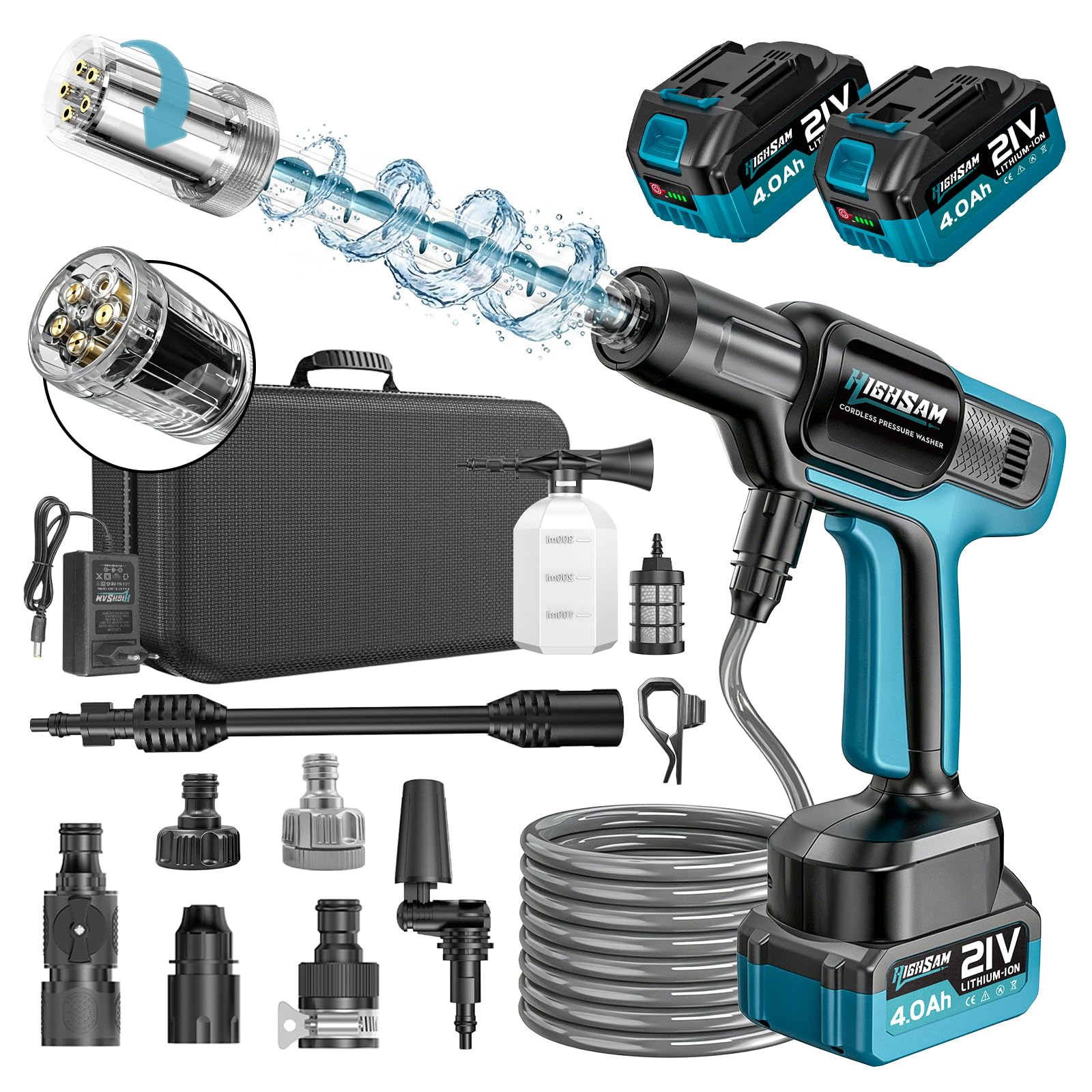 Limpiador de alta presión con batería, motor sin escobillas, 3000 W, modo de 3 marchas, máx. 120 bar, batería portátil de alta presión con 2 baterías de 4,0 Ah, boquilla giratoria 5 en 1, cabezal