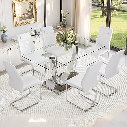 Miniatura 23 de AZmac Juego de mesa de comedor moderno de 63 pulgadas para 4, juego de comedor blanco para 4, mesa de cocina de vidrio templado y sillas de piel