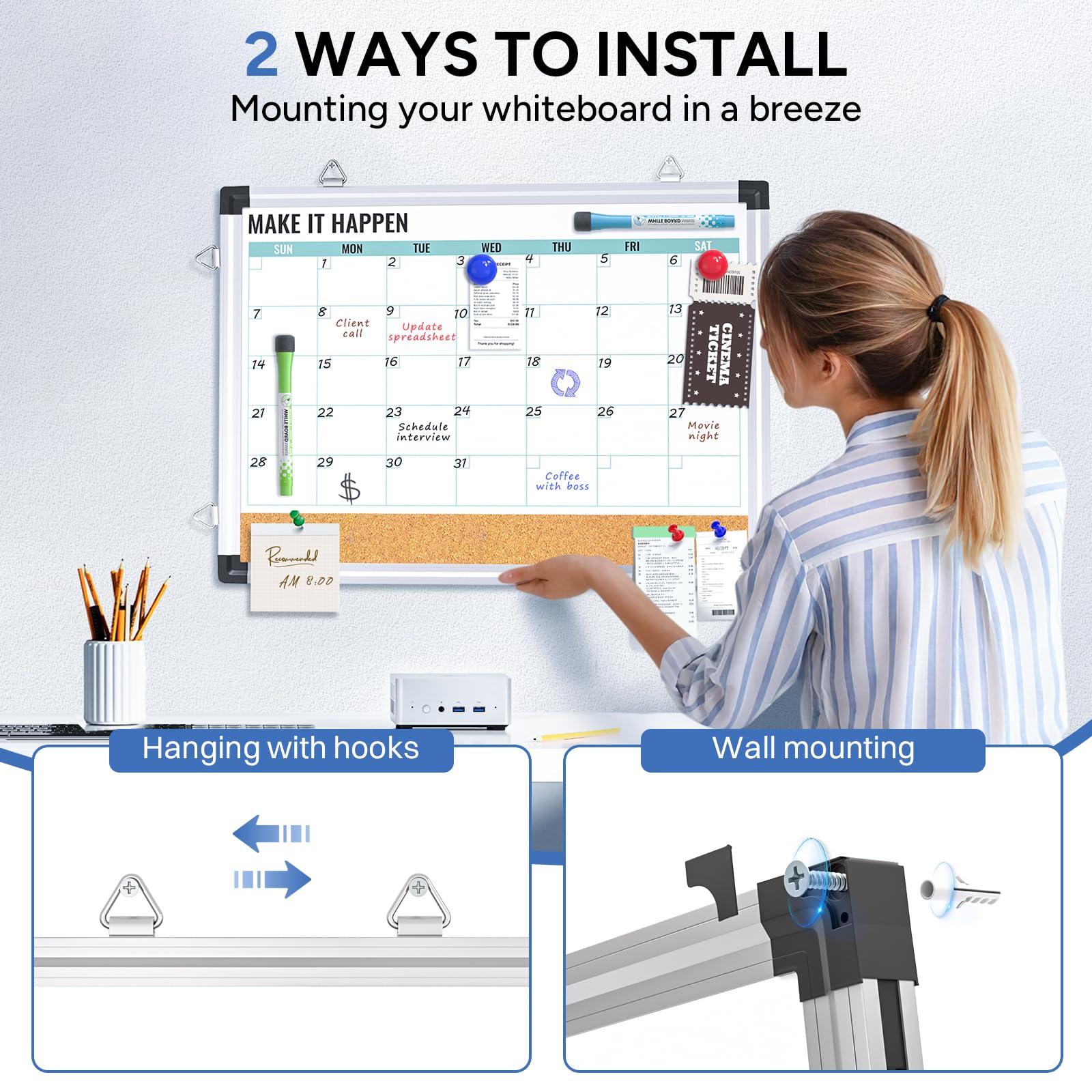 Marsrock Monthly Calendar Whiteboard and Cork Board Combo for Wall, 17"x13" Reversible Hanging Dry Erase Board, Double Sided White Board with Aluminum Frame for Planning, Office, Kitchen, School, Home - Image 2