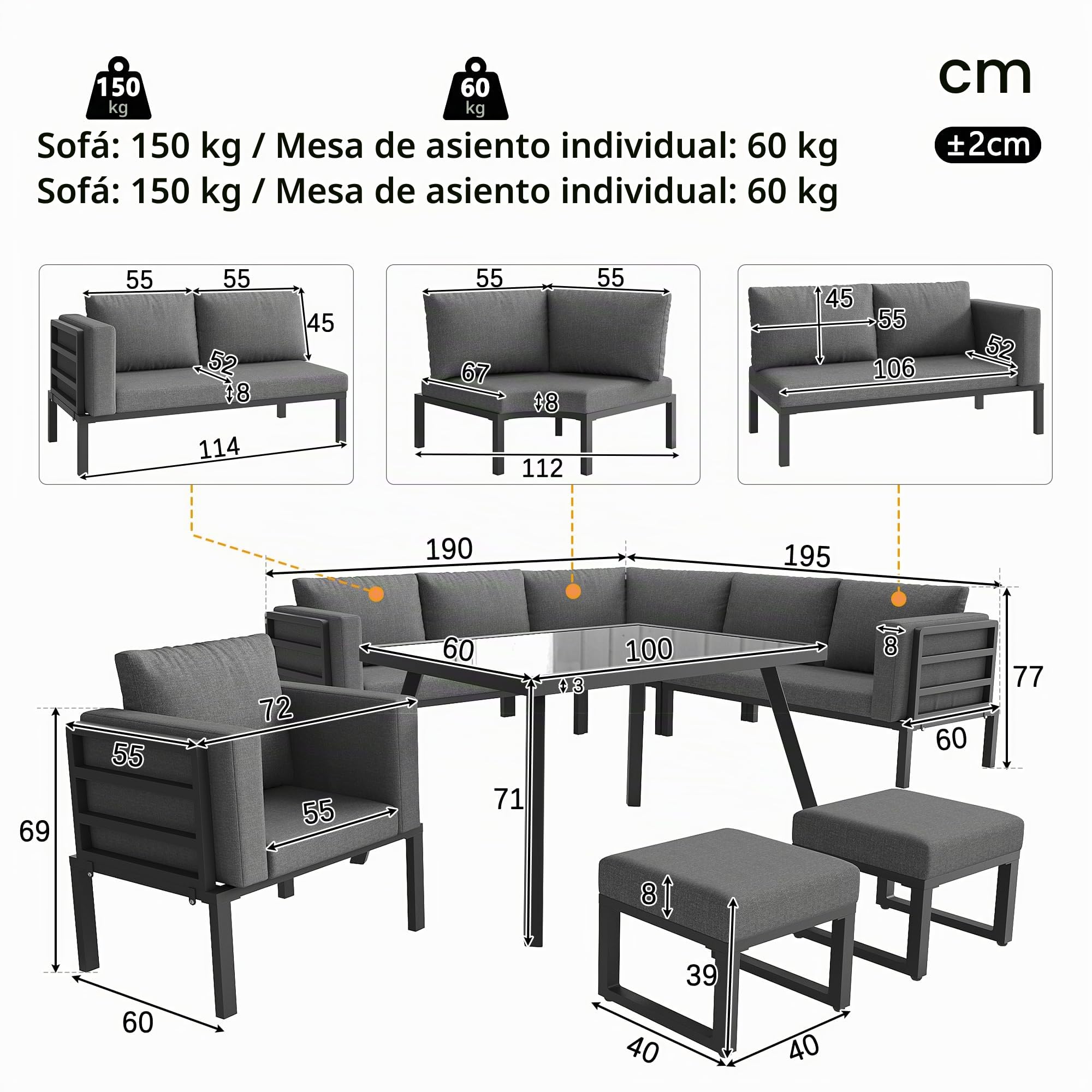 Conjunto Jardin Exterior en Forma de Media Luna para 8 Personas, Muebles Jardin Exterior con Mesa y Cojín Blando, Sofa Modular con 2 Taburetes y Sillón, Garden Furniture, Gris