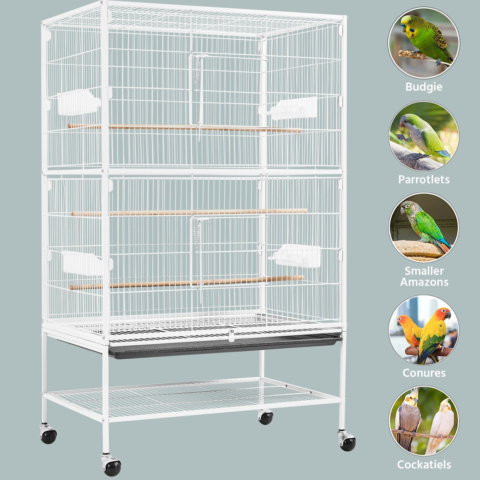 Yaheetech Cage à oiseaux avec support - 3 poteaux en bois et 4 mangeoires - Cage à perruches avec 4 roulettes - Volière pour perroquets - 52 x 79 x 132 cm - Blanc