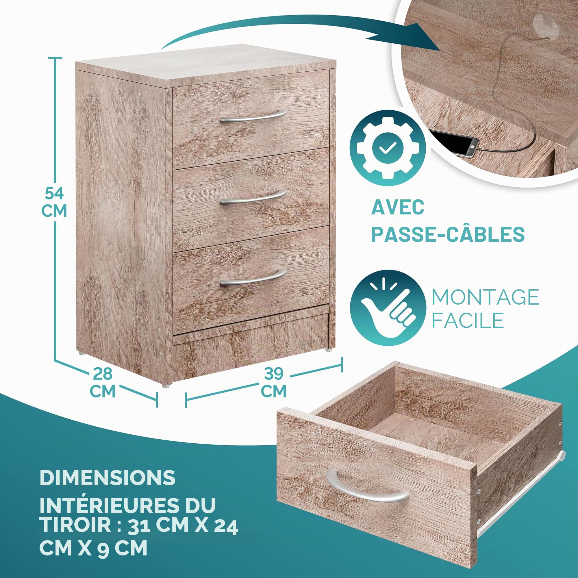 CASARIA 2X Table de Nuit Bois 3 tiroirs 54x39x28cm Table de Chevet Chambre à Coucher Petit Meuble intérieur Rangement