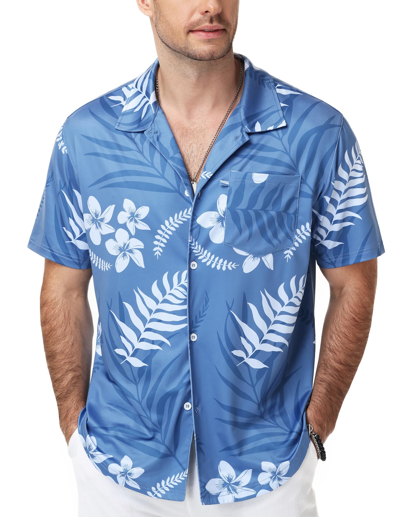 Runhit Hawaii Hemd Männer, Leichtes Sommerhemd Kurzarm mit Brusttasche und Tropischem Print, Atmungsaktiv Strandhemd für Strand Urlaub Alltag