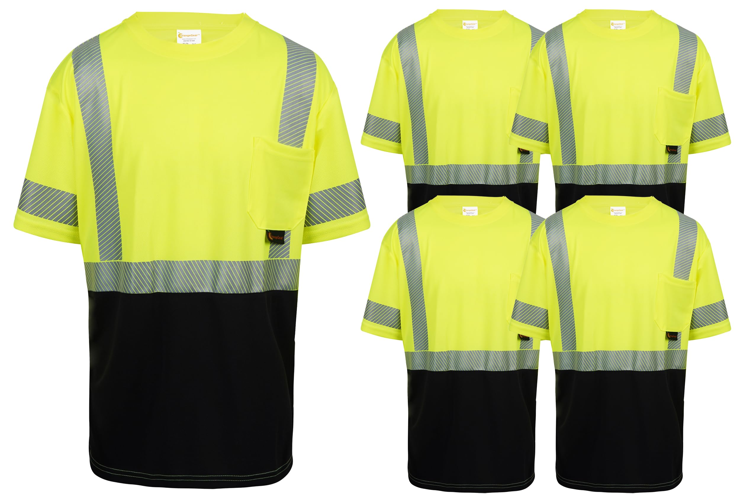 OrangeGear® Class 3 Type R Short Sleeve High Visibility Lime Black Bottom Reflective Segmented Tape Safety T-Shirt (5 Pack)
