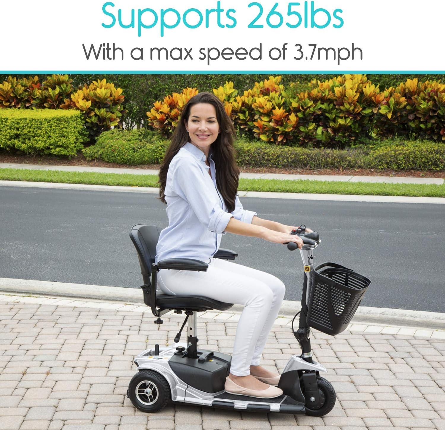 Vive 3-Wheel Mobility Scooter - Electric Powered Mobile Wheelchair Device for Adults - Folding, Collapsible and Compact for Travel - Long Range Power Extended Battery with Charger and Basket Included : Health & Household