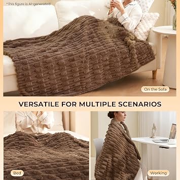 Heated Throw Blanket 50x60, Electric Blanket with Bamboo Pattern, Luxury Faux Rabbit Fur&Soft Flannel, 6 Heat Settings, 1-4 Hour Auto Shut-Off, Machine Washable (Dark Brown)