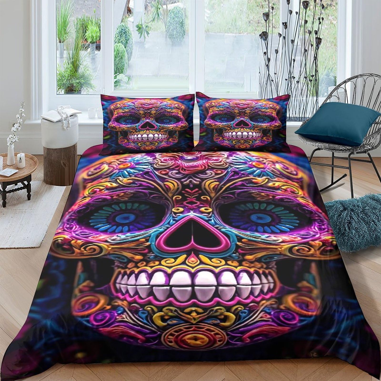 Ctjqhvkz Style-4 3D Printed Neon Skull Fitted Sheet Microfiber Soft Breathable Psychedelic Art Bed Cover For Bedroom Dorm Decor Single（135X200cm）