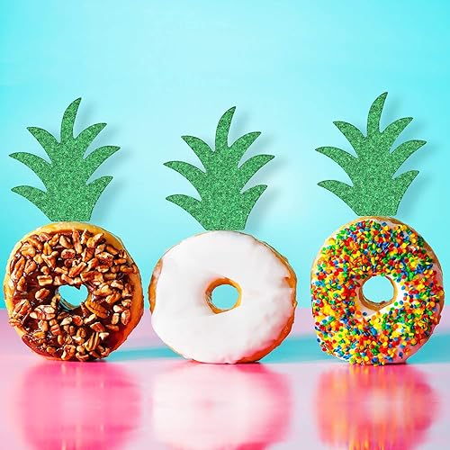 Miniatura 5 de 48 piezas de decoración de cupcakes de hojas de palmera de piña verde con purpurina tropical, palillos de dientes Luna, decoración de pastel de