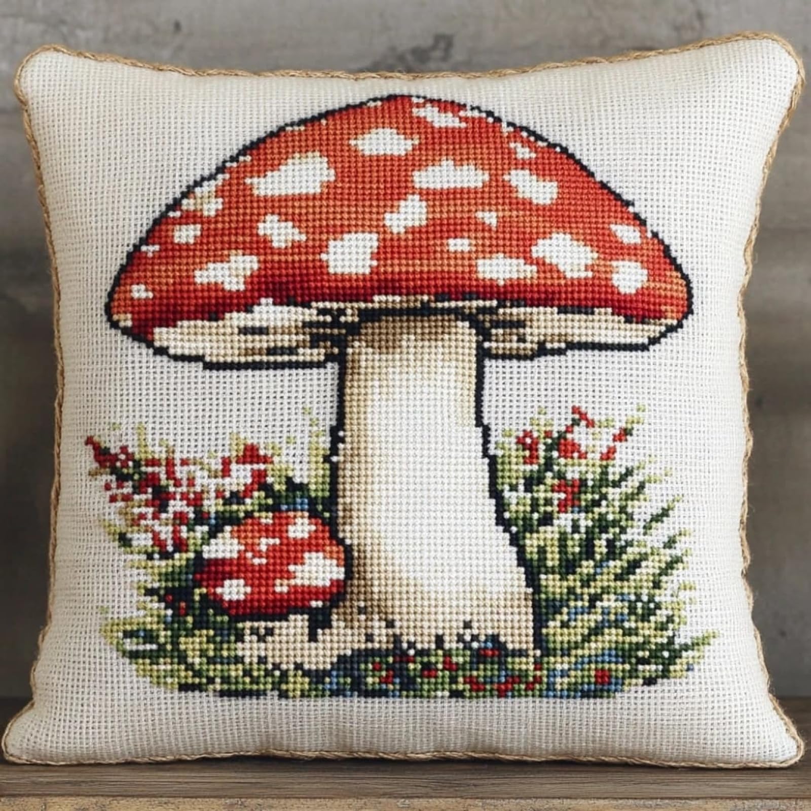 WallustrioaW Embroidery Kit Cross Stitch Cushion Kits,Mushroom,Embroidery Cushion for Creative Home Decor — Needlework for Adult Beginners,45x45cm