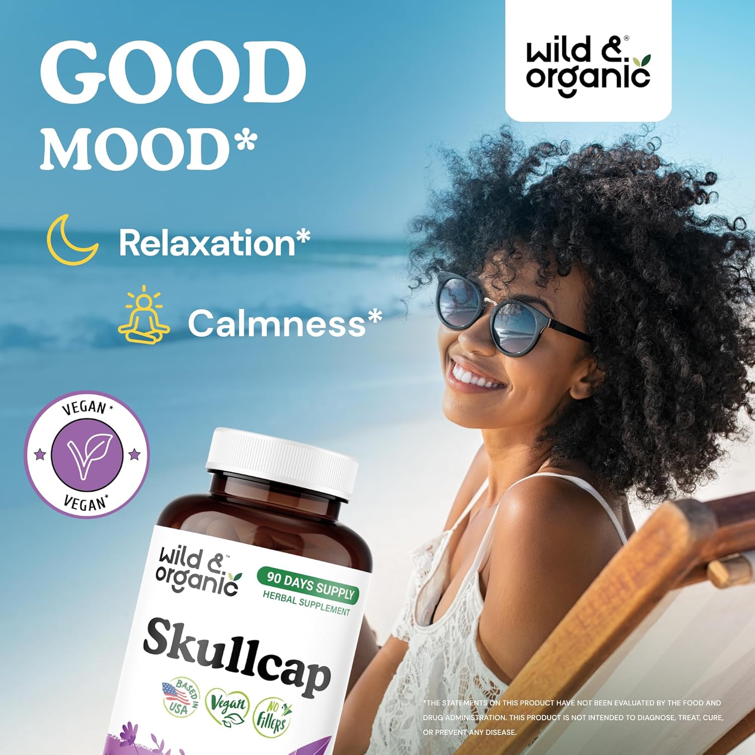 Wild & Organic Skullcap Herb Capsules 1200 mg - Calming Skullcap Supplement - 180 Capsules - Scutellaria Lateriflora Leaf Extract - 3-Month Supply - Vegan, No Fillers, Non-GMO