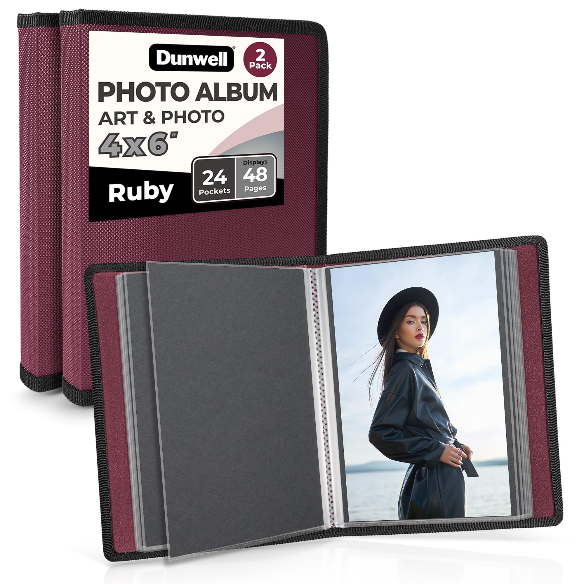 Dunwell Small Photo Album 4x6 (2-Pack, Ruby), Mounting Paper, 4 x 6 Photo & Art Portfolio Presentation Binder, 24 Sleeves Display 48 Pages, Professional Mini Picture Book for Artwork, Postcards