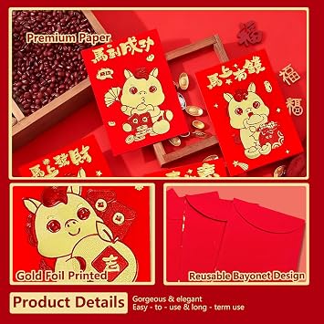 72Pcs Red Envelopes Chinese New Year of The Horse, Lunar Chinese New Year Envelopes 2026, Lucky Money Red Packets Hong Bao with 6 Cute Gold Foil Horse Designs for Spring Festival, Small
