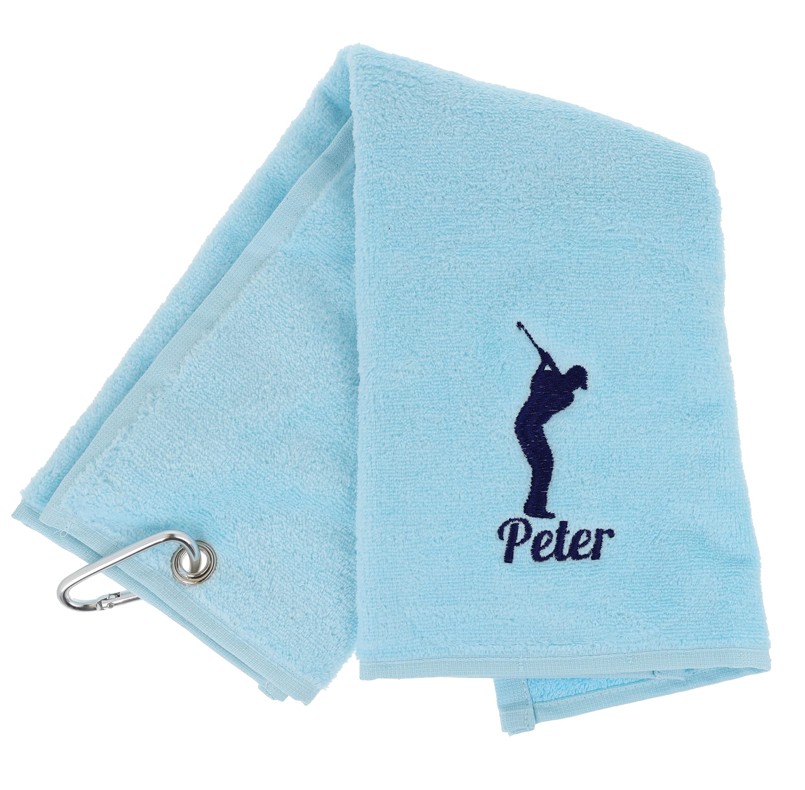 Personalised Embroidered Golf Towel with Any Name Any Font Luxury Velour 50cm x 40cm Custom Embroidered Golf Towel with Carabiner Clip Gift- Golf Gifts for men and women (Light Blue)