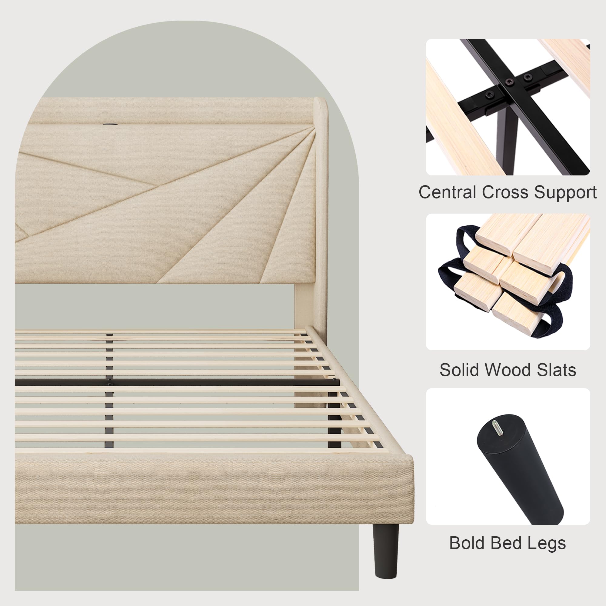Feonase Queen Size Bed Frame with Charging Station, Linen Upholstered Platform Bed Frame with Wingback Storage Headboard, Solid Wood Slats Support, No Box Spring Needed, Noise Free, Gray: Beige Full
