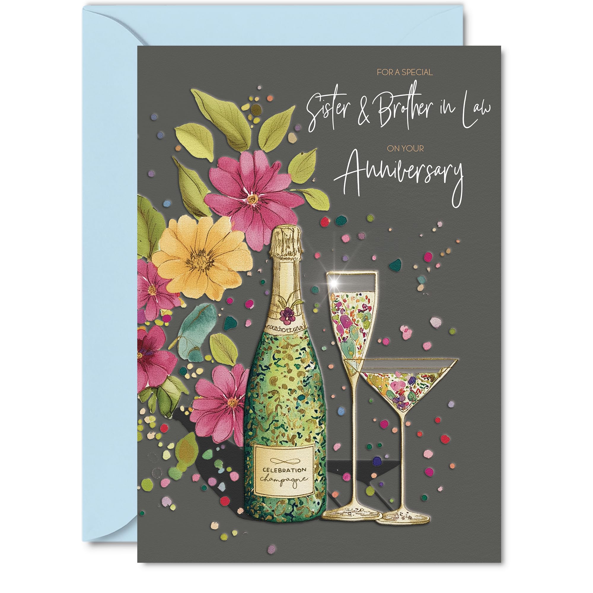 Sentimental Anniversary Card for Sister & Brother in Law - Celebrate Love and Laughter - Champagne and Vibrant Floral Artwork - A5, Envelope Included
