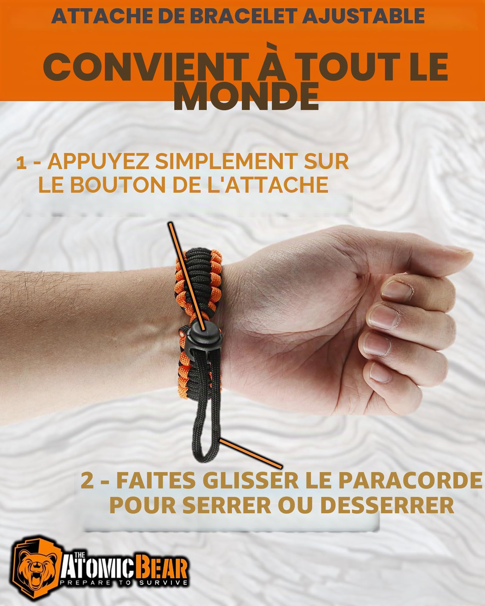 Lot de 2 bracelets de survie Cobra, Paracord + boussole + allume-feu + sifflet fort + couteau d'urgence, équipement de randonnée, de camping, de pêche, de chasse, noir + noir et orange