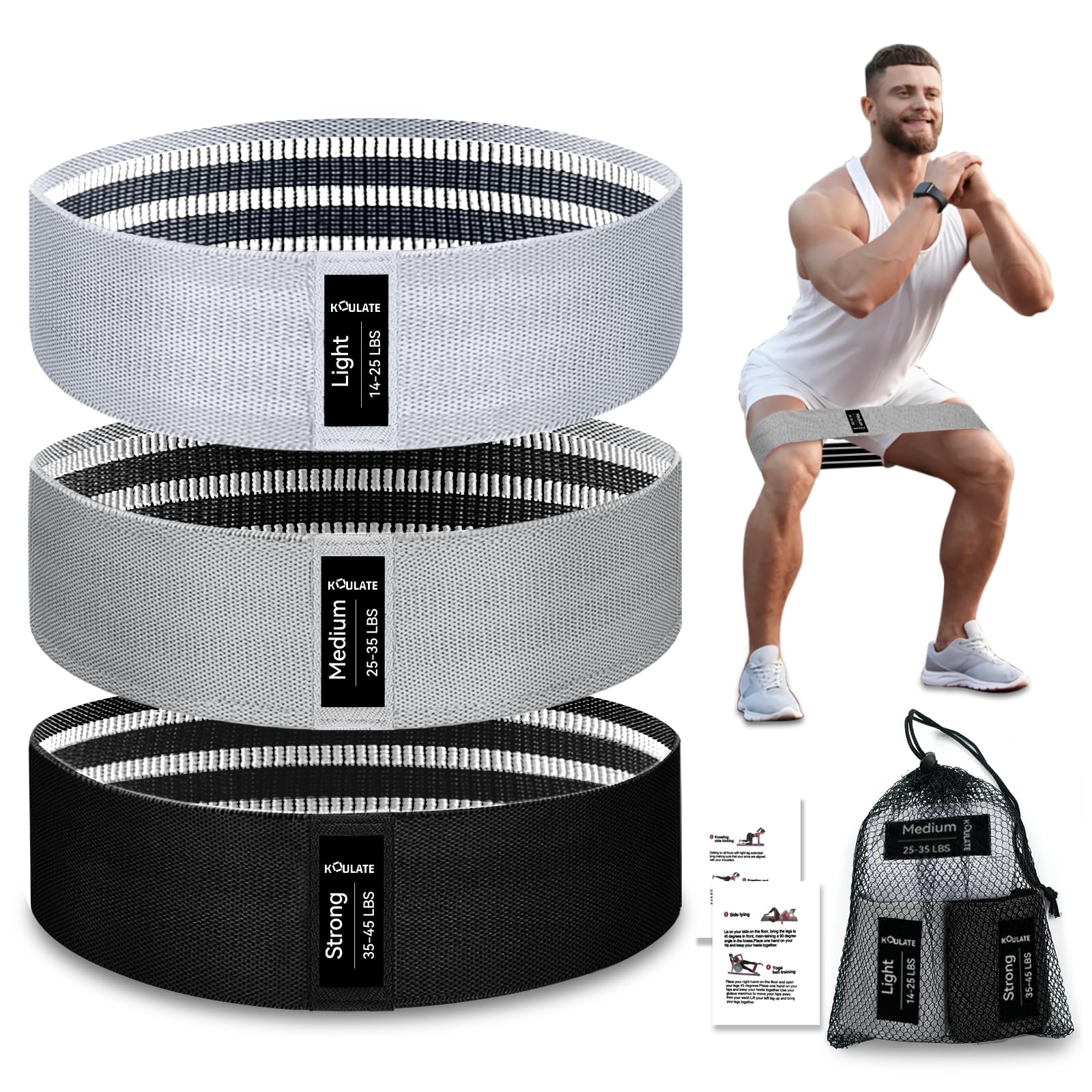 Exercise Bands, 3 Levels Fabric Resistance Bands for Working Out, Workout Bands Resistance for Women & Men, Multi-Colored Fabric Booty Bands for Leg Strength Training, Rehab, Yoga (Grey)