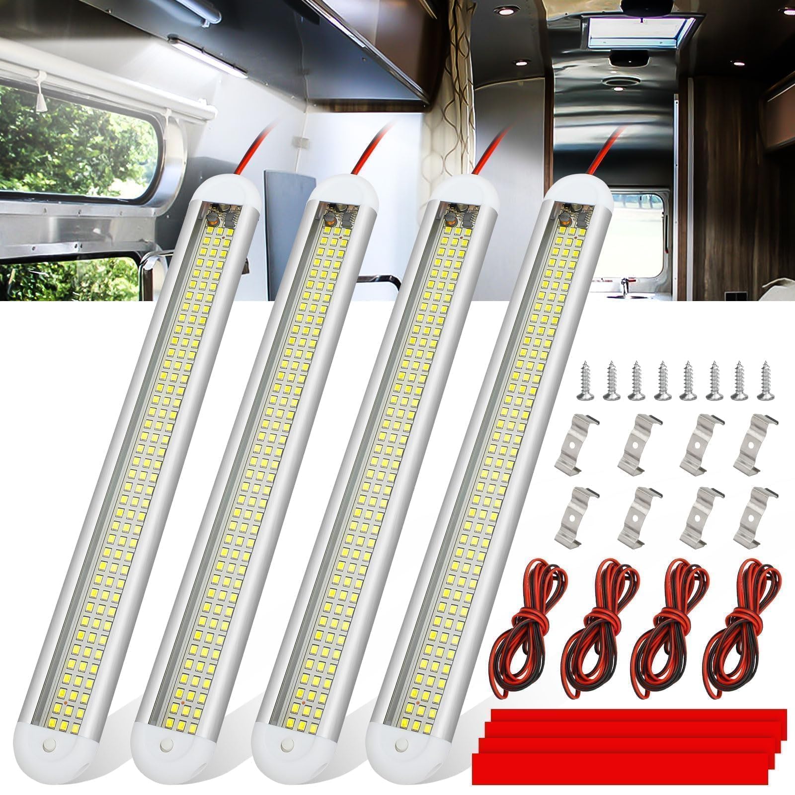 Linkstyle 4PCS 12V Interior LED Light Bar, 120 LEDs 6500K 1600LM Strip Light with ON/OFF Switch, for Van Car Camper Boat