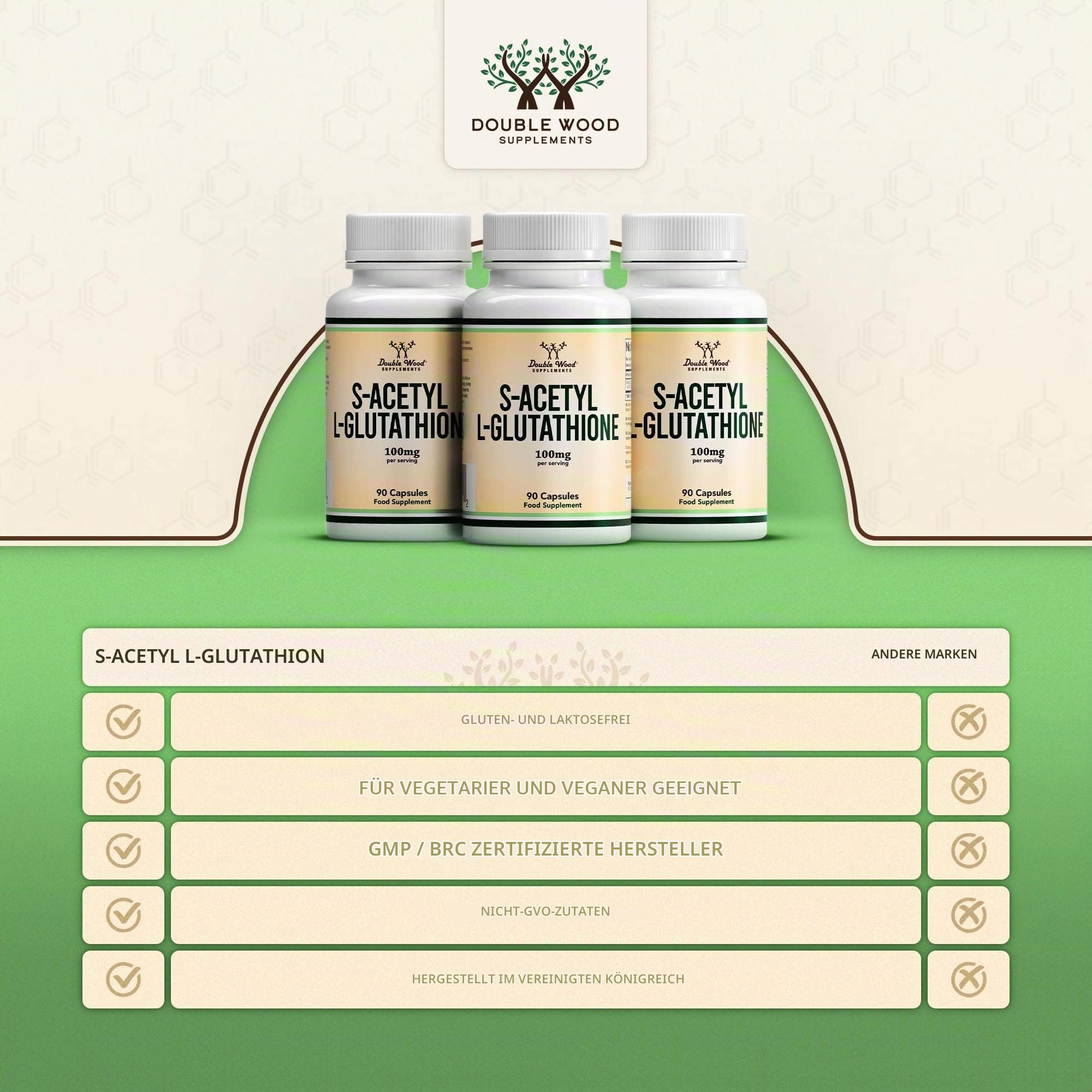 DW Glutathion Nahrungsergänzungsmittel | S-Acetyl L-Glutathion Kapseln – 100mg pro Portion | Antioxidantische Glutathion Kapseln | Gentechnik- und Glutenfrei (90 Capsules)