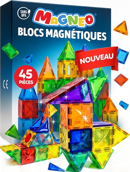 Magneo® Blocs Magnétiques 45 Pièces – Construction magnetique Enfant dès 3 Ans – Jeu Créatif avec Magnetic Tiles – Blocs Aimantés pour Garçons & Filles – Idée Cadeau - 1