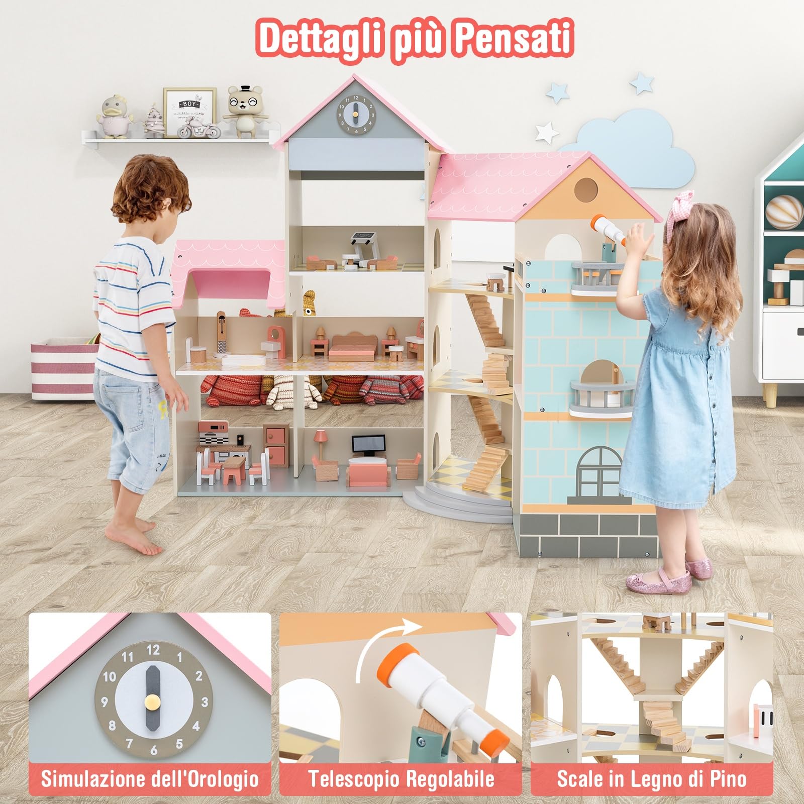 RELAX4LIFE Casa delle Bambole Alto 95 cm, Villa di Lusso in Legno, 41 Mobili e Accessori inclusi, Cameretta, Terrazza e Garage, Giocattolo per Bambini 3+ Anni (ROSA)