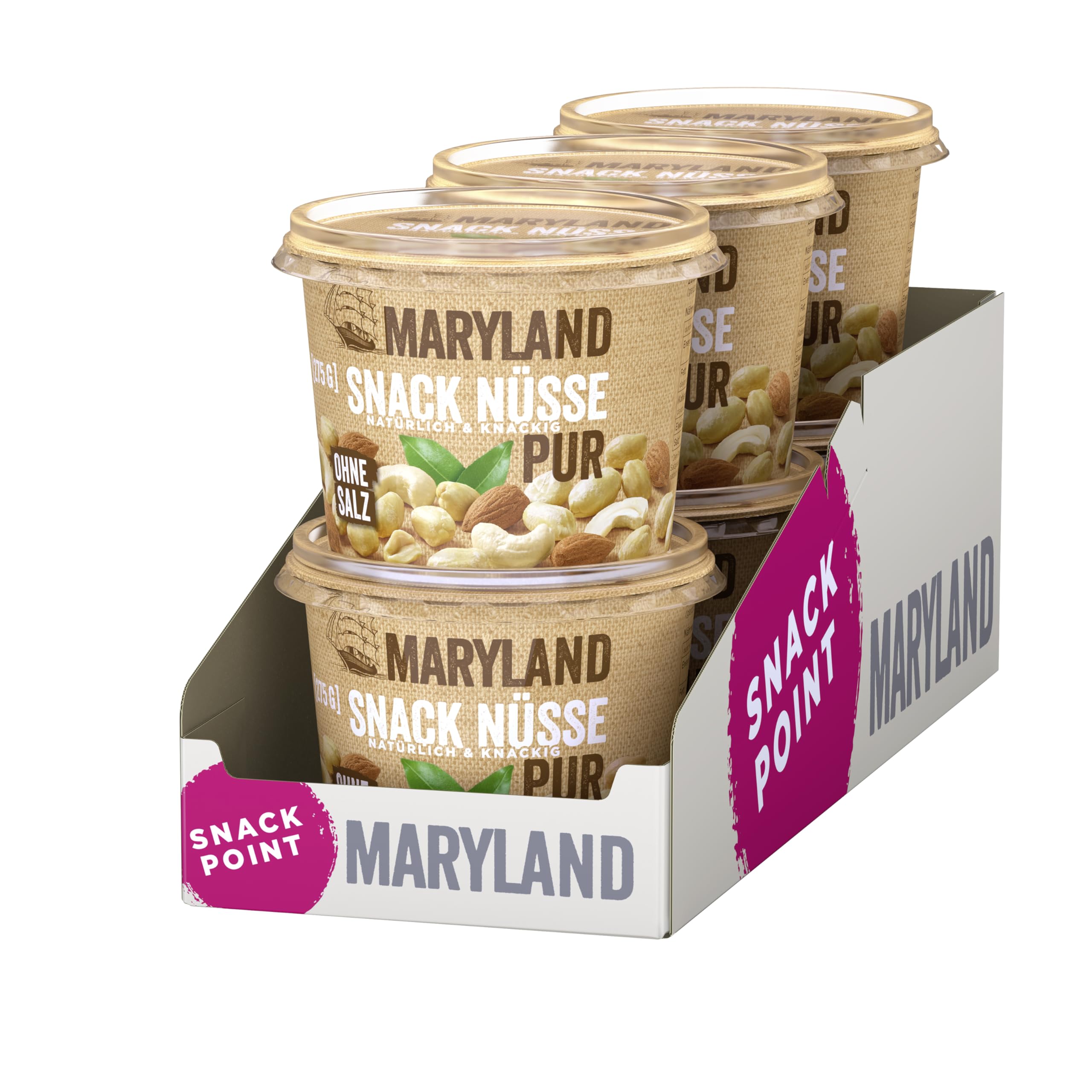 Maryland Snack Nüsse Pur 275g Becher Vorratspack - Erdnüsse, Cashewkerne und Mandeln in Nussmischung - Geröstet & ungesalzen - wiederverschließbarer Becher (6 x 275 g)