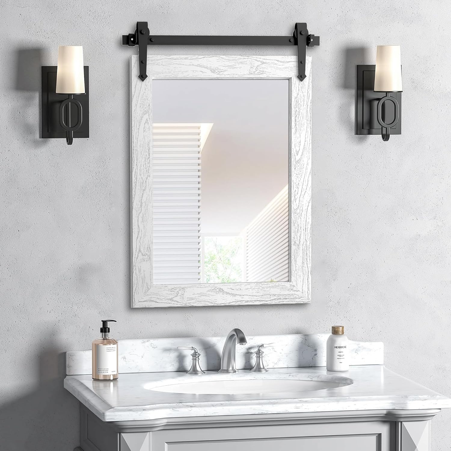 Bathroom Mirror for Over Sink 18”x24” Farmhouse Barn Door Mirror Rustic Wood Framed Wall Mirror for Bathroom, Bedroom, Entryway (White White 24"L x 18"W