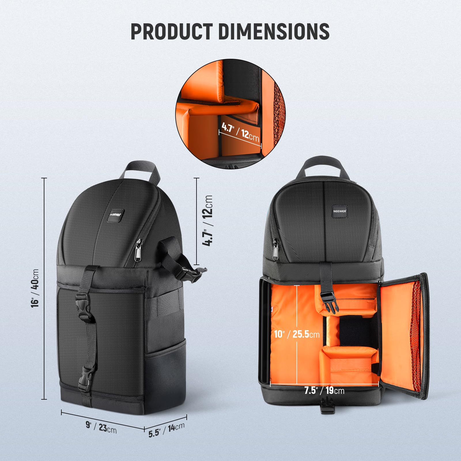 NEEWER Profi Kameratasche Schlaufen Rucksack für DSLR Kameras und Objektiv Stativ Weiteres Zubehör Dauerhaft Wasserdicht und Reissfest mit gepolsterten Trennwand (OrangeInnenraum)
