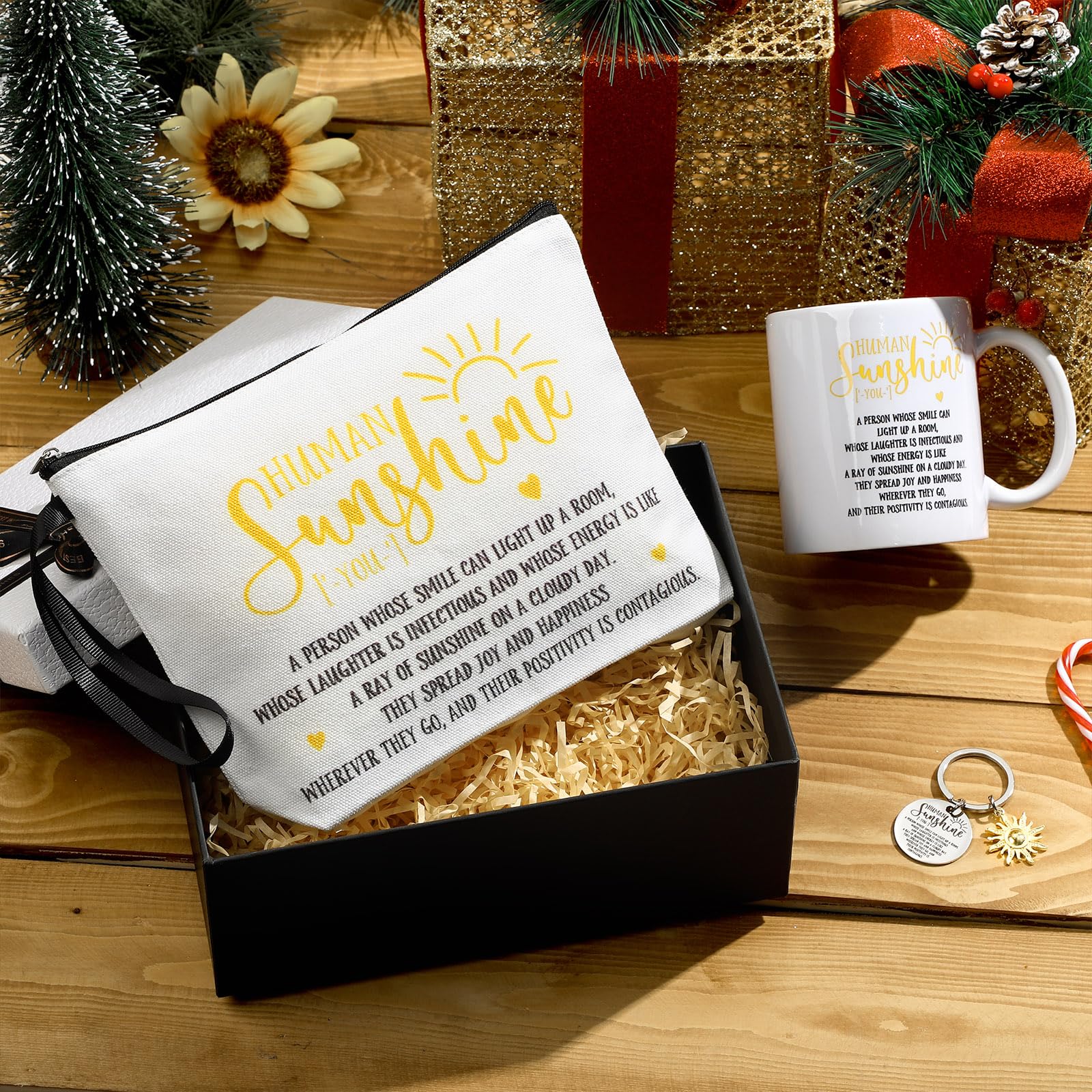 Crtiin 3pcs Human Sunshine Makeup Bag Gifts Sets Inspirational Thank You Gifts for Woman Human Sunshine Makeup Bag 11.2 oz Novelty Coffee Mug Keychain Christmas Birthday Coworker