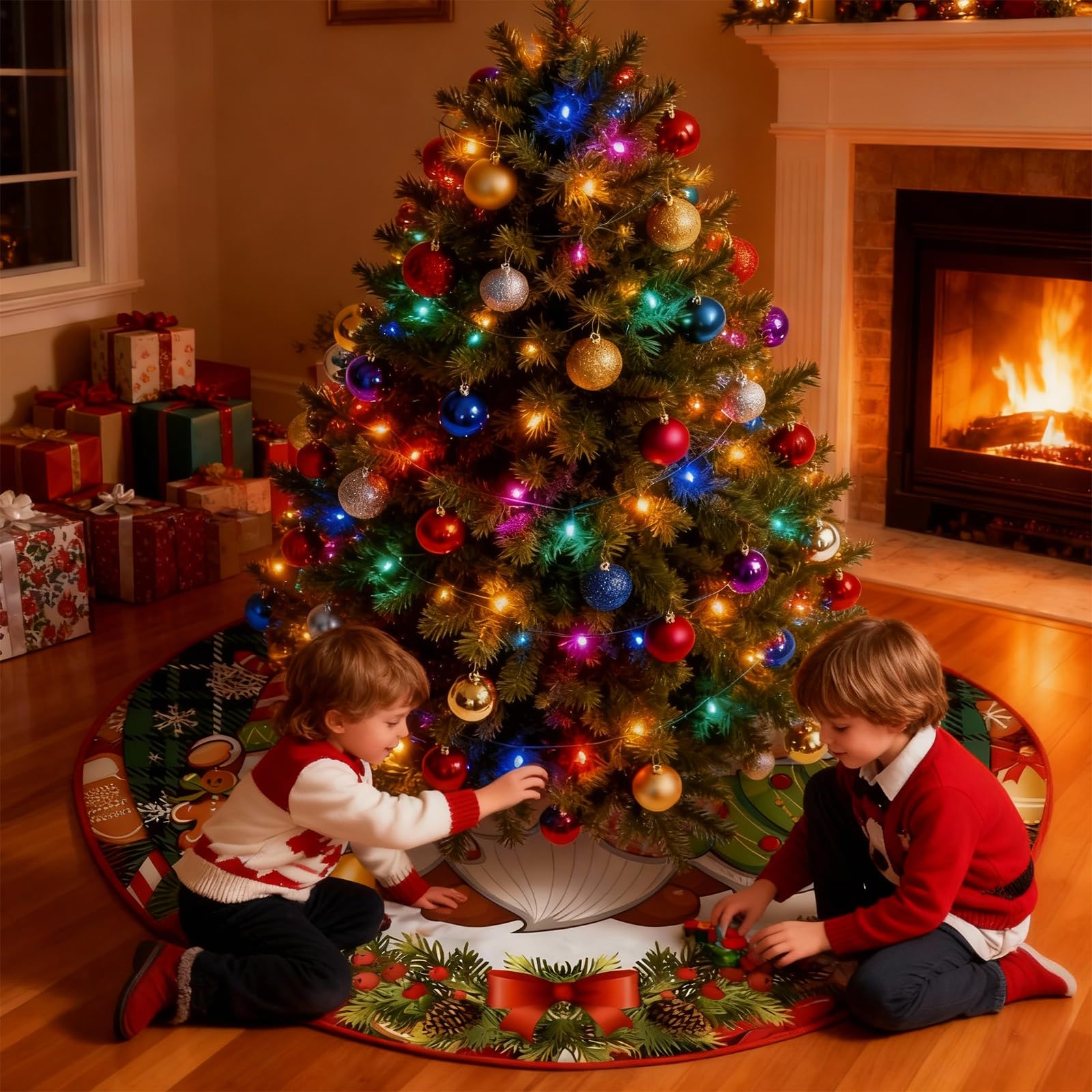 120 Cm Falda De árbol De Navidad Rojo Alfombra, Tapete para Navidad Fiesta De Año Nuevo, (Tres Enanos navideños)