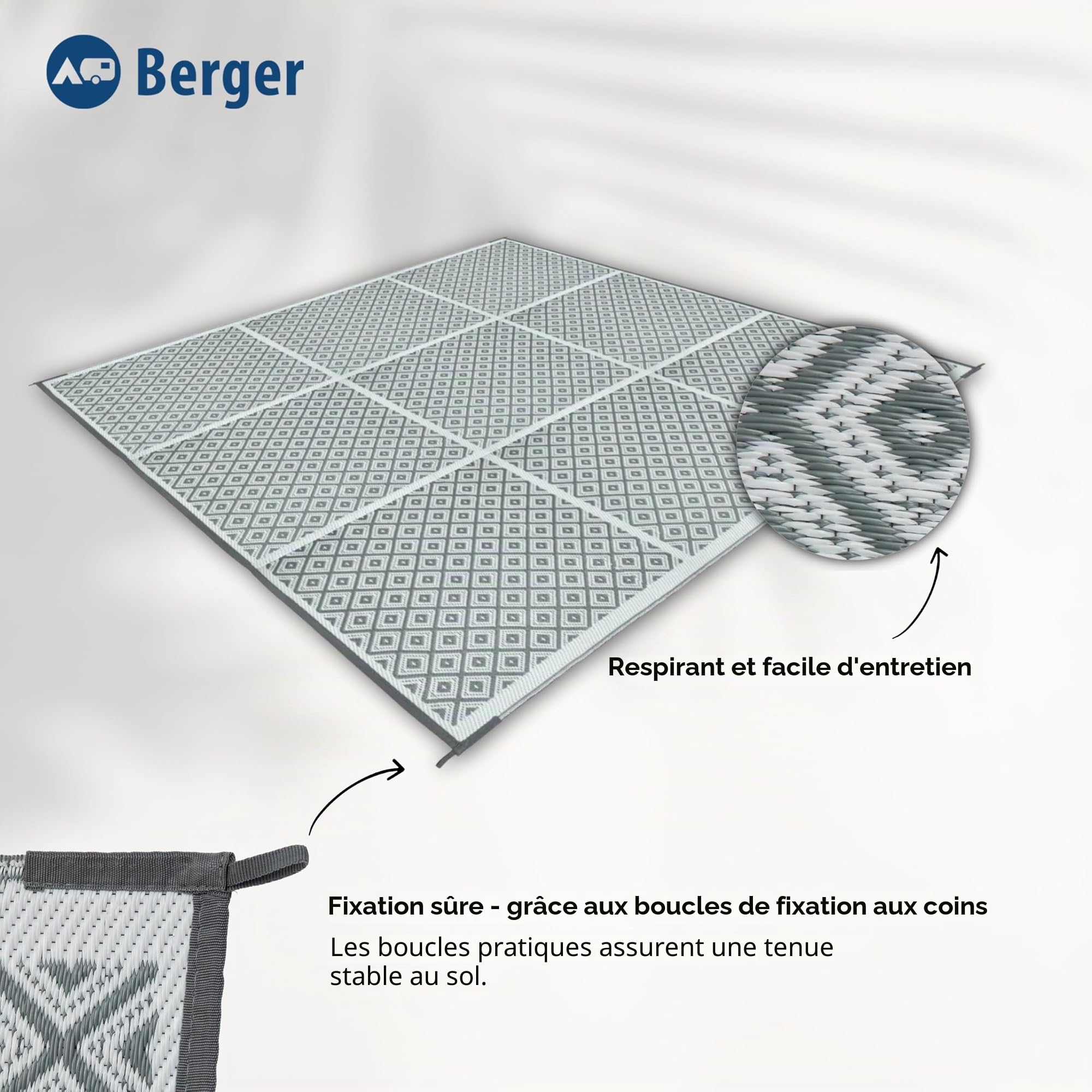 BERGER Square 300 Tapis d'extérieur 300 x 300 cm Respirant doux Avec passants de fixation