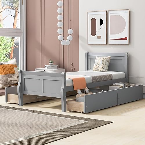 Miniatura 188 de Cama de plataforma de madera de tamaño individual con cabecera en forma de casa, soporte de listones de madera, para dormitorio de niños, niñas,