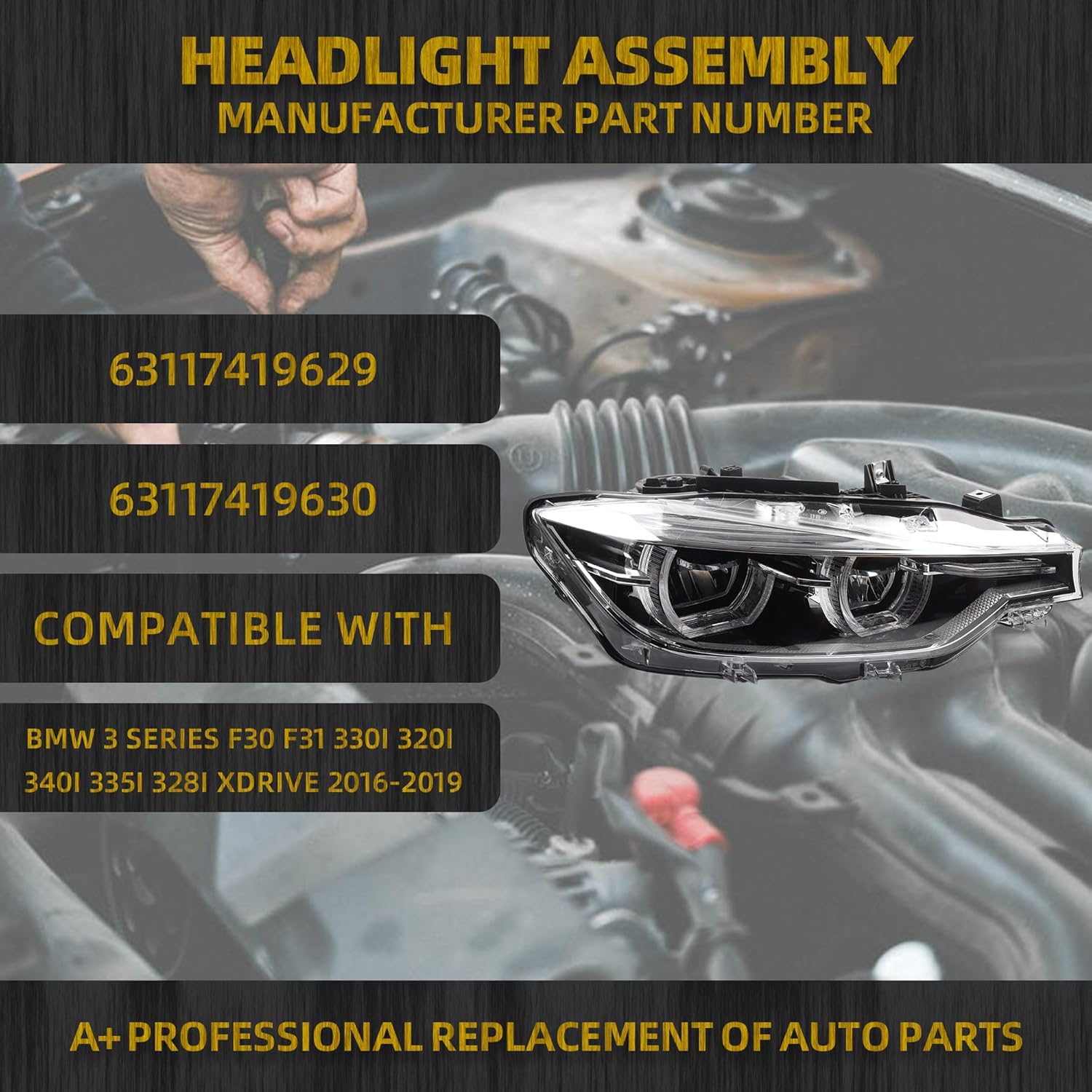 dasbecan led headlamp compatible with bmw f30 3 series 2016-2019 right passenger side headlight w/o afs type replaces# 63117419629 8738715 63117419630 8738716