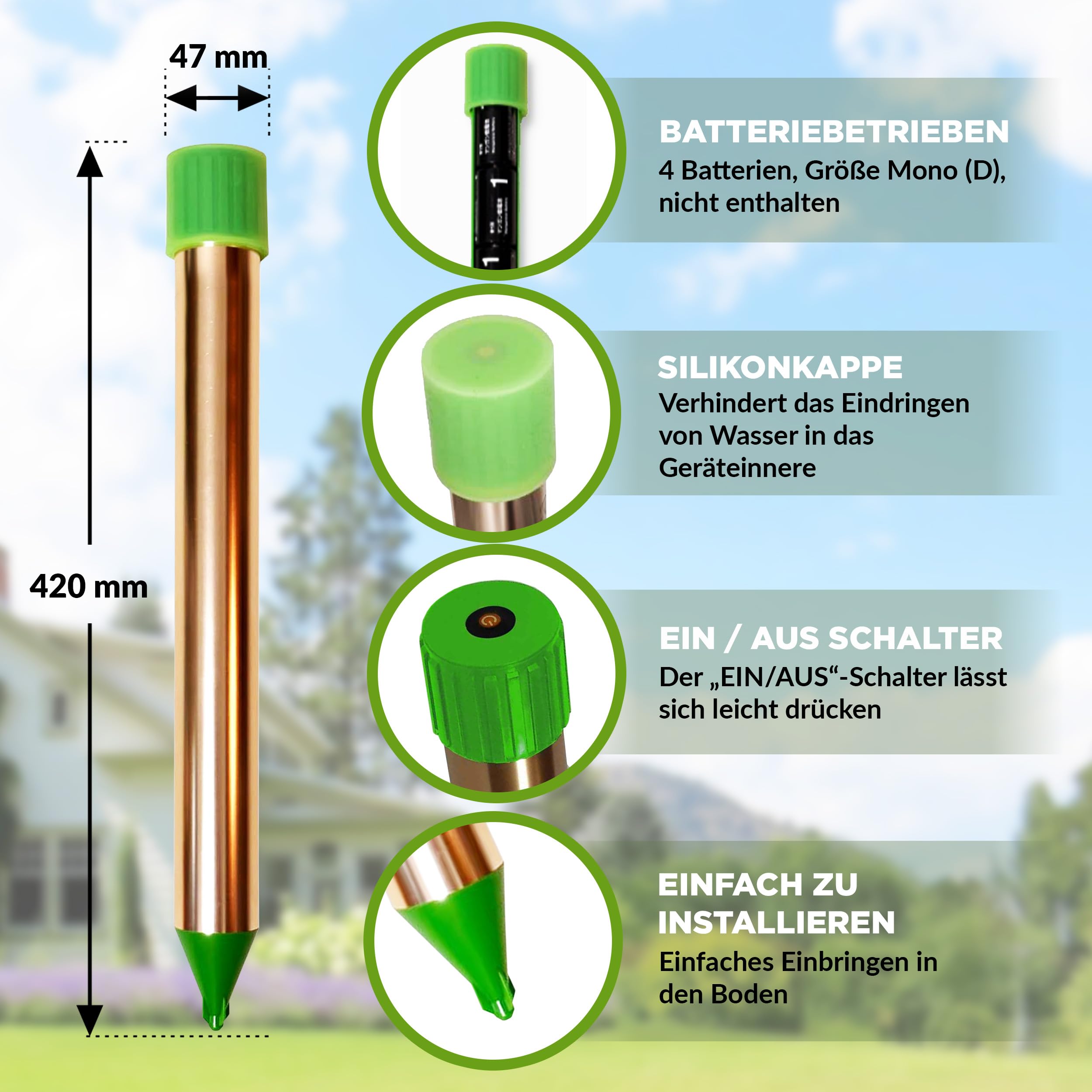 ISOTRONIC Maulwurfabwehr zum Vertreiben von Maulwürfen, Wühlmäusen & Schlangen – batteriebetriebener Maulwurfschreck mit Erdspieß für den Garten – Maulwurfvertreiber 1.250m² Wirkungsbereich (2 Stück)