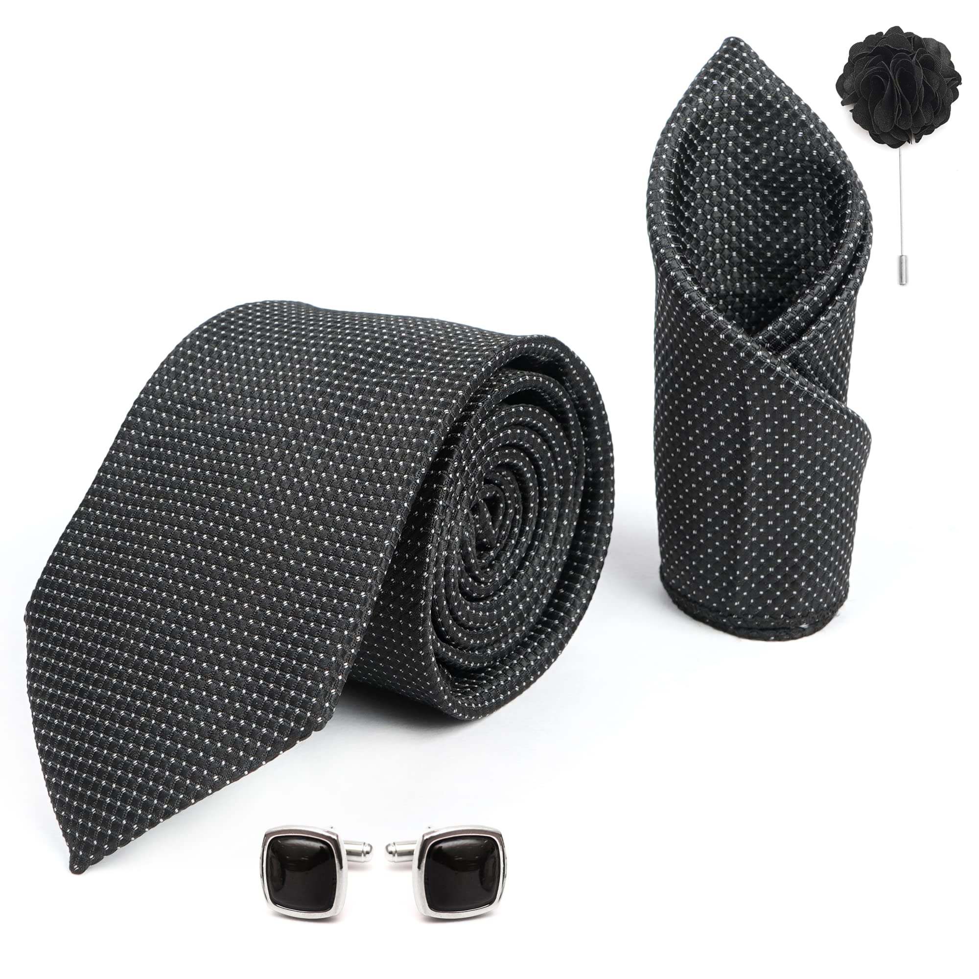 rizoro Mens Plaid Dotted Silk Necktie Gift Set With Pocket Square Cufflinks & Brooch Pin Formal Tie With Leatherite Box (A10RX Free Size) | (Leather Gift Box) (Pack of 4)-picture-52