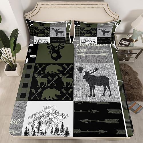 Miniatura 130 de Sábana bajera ajustable de oso de caza, juego de ropa de cama a cuadros de búfalo, sábanas de retazos de cabaña rústica para niños, niños, Multi