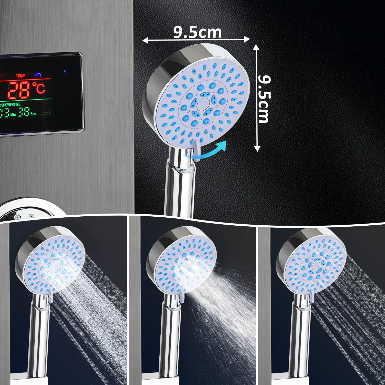 5-in-1 LED Duschpaneel – Duschsystem mit LED-Temperaturanzeige, Regendusche, verstellbaren Massagedüsen, Schwarz Design, Wandmontage für modernes Badezimmer