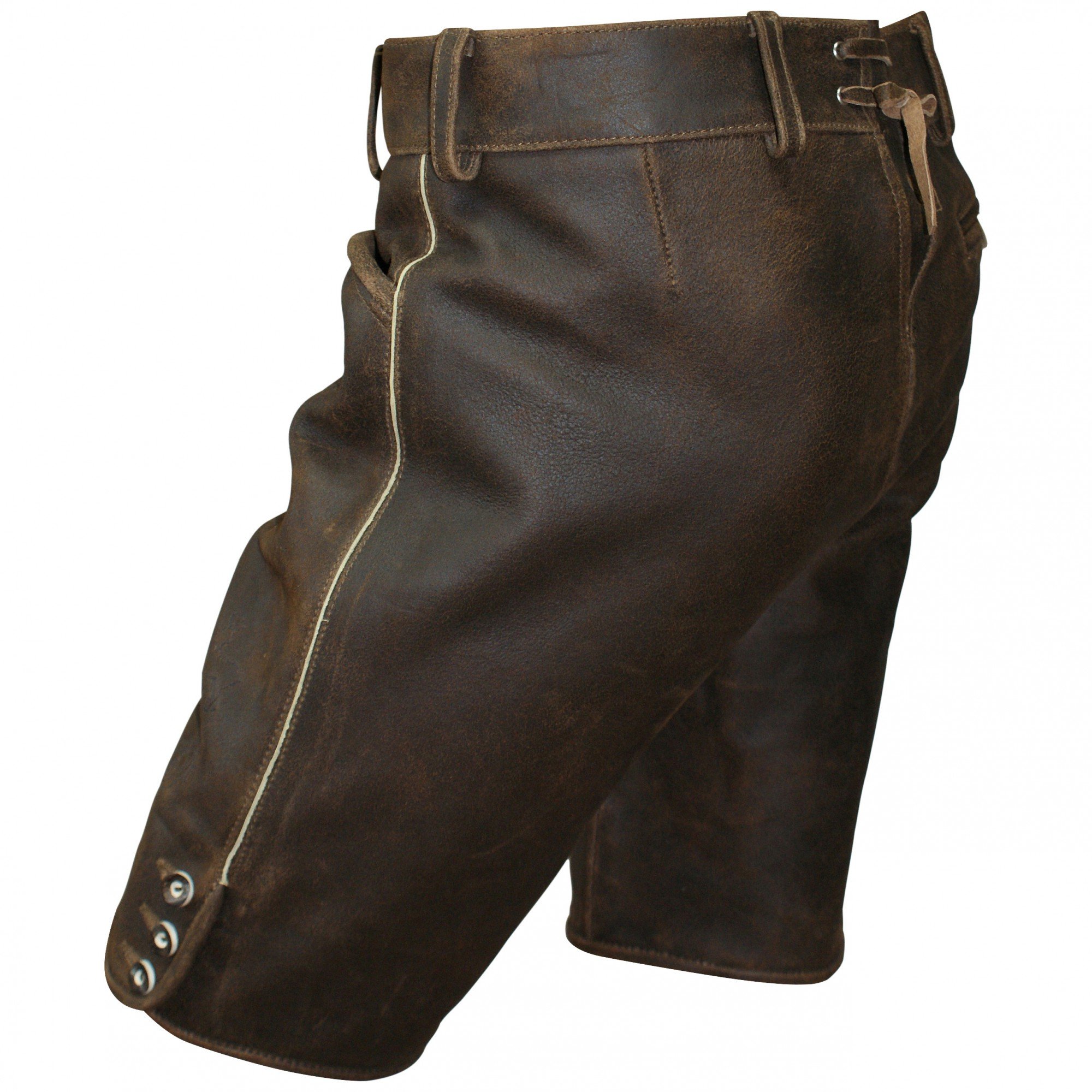 Lederhose kurz braun speckig Antik-Patina Trachten Leder Hose Trachtenlederhose Reißverschluß Zipp Hornknöpfe weiches Wildbockleder Herren (auch Damen) Freizeit und Wandern