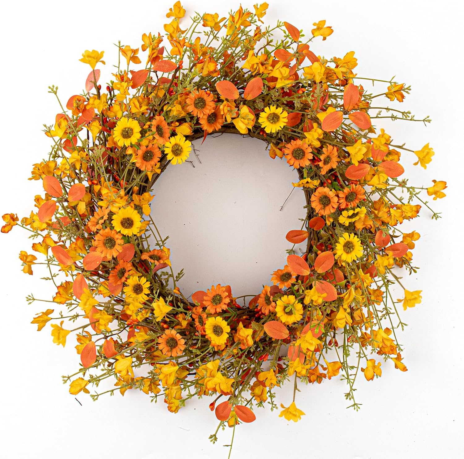18 Inches Rustic Fall Wreaths for Front Door Vintage Fall Floral Wreath Farmhouse Autumn Wreath with Orange Yellow Wildflowers Boxwood for Door Wall Window Front Porch Indoor Outdoor