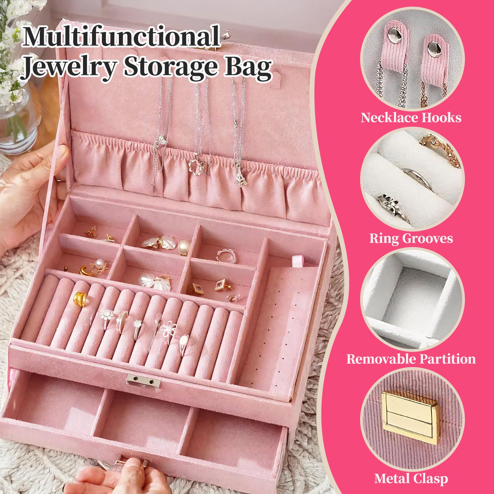Grande boîte à bijoux personnalisée pour femme et fille, fleurs et nom personnalisés, boîte à bijoux en velours avec tiroir, cadeaux de demoiselle d'honneur, organisateur de voyage