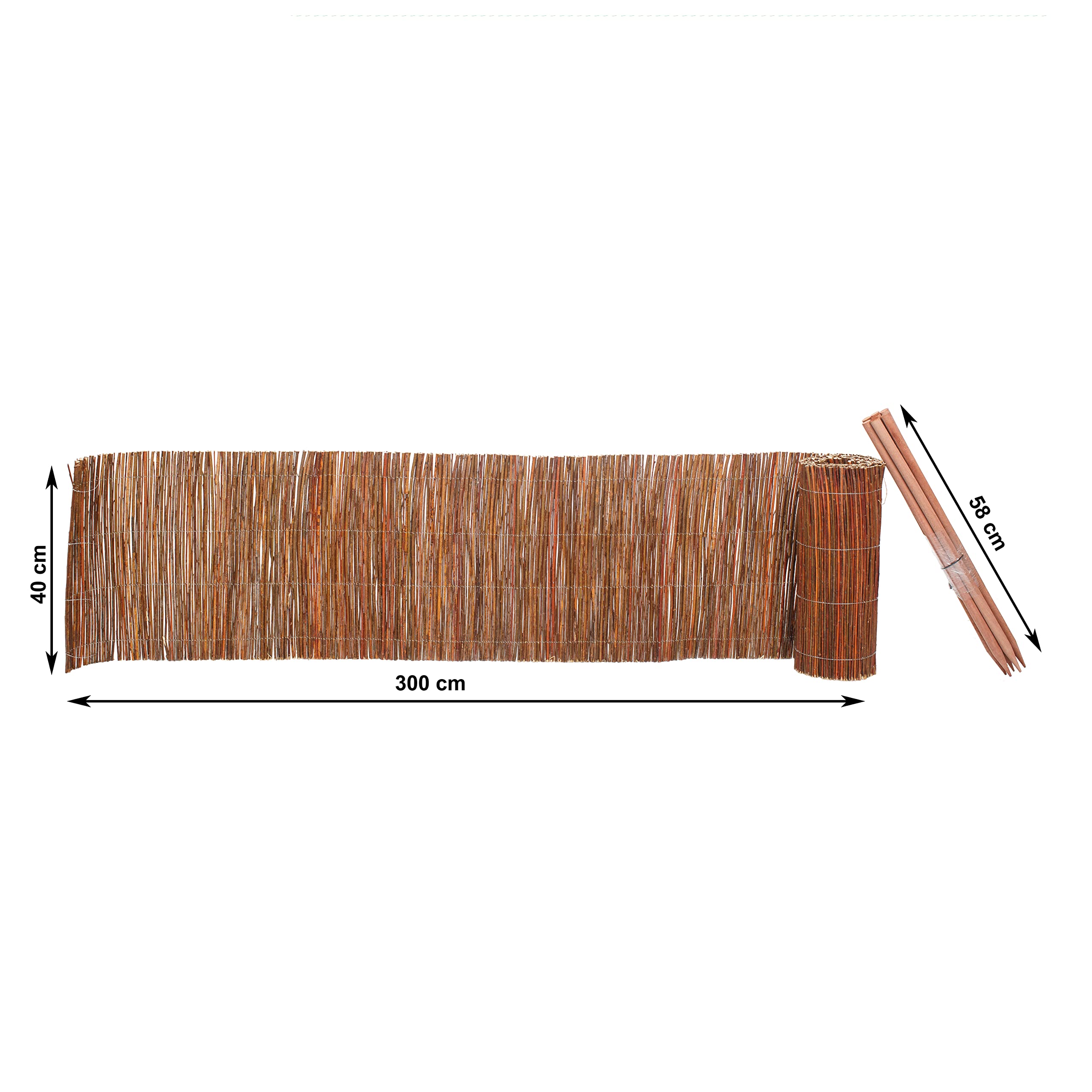 BOGATECO Bordure Parterre Osier 300 Cm - Clôture Pelouse 40 Cm Avec 7 Piquets Bois Hêtre