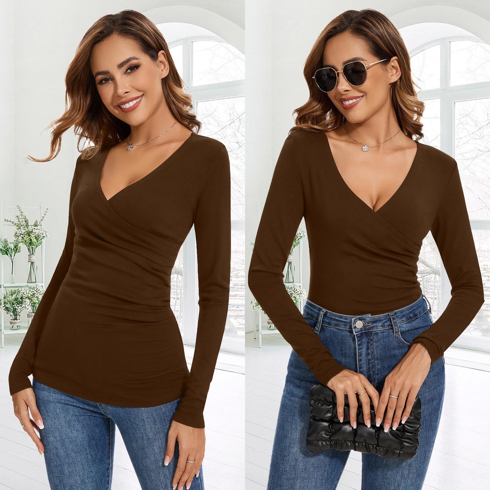 WOWENY Koszulka termiczna dla kobiet, seksowny cross wrap, zimowy sweter, Sweetheart Neck, długi rękaw, bielizna termiczna, podkoszulek z długim rękawem, koszulka polarowa