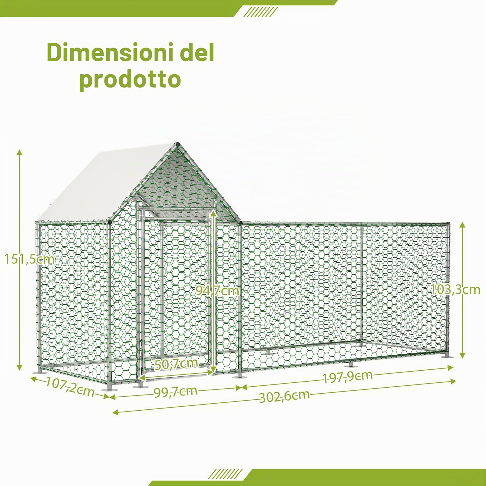 Pollaio per Galline da Esterno, 3x1x1.5m Recinto per 8-12 Galline in Acciaio Zincato, Gabbia per Polli con Tetto Impermeabile Anti-UV Mangiatoia Serratura per Piccoli Animali Conigli Anatre