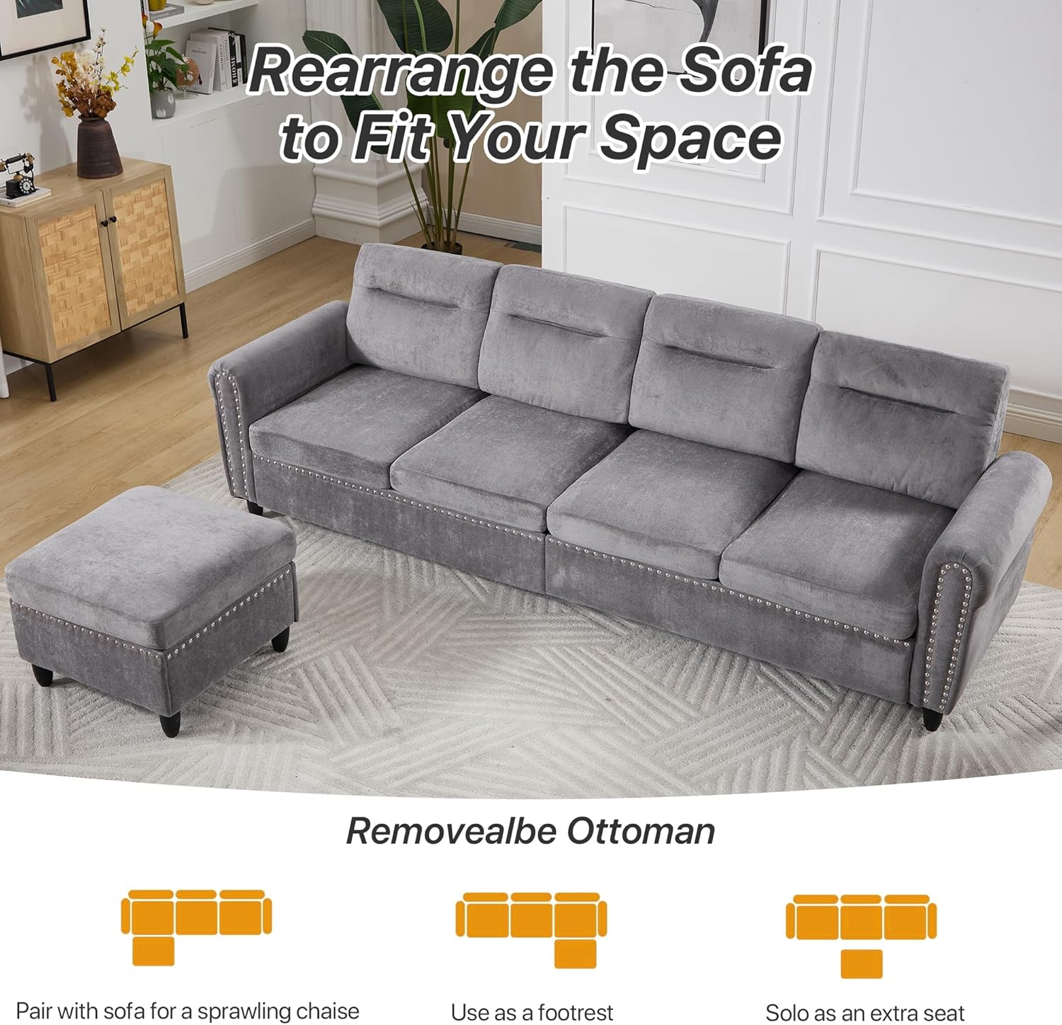 Westice 106" Modular Sectional Sofa with Movable Ottoman, Deep-Seat L-Shaped Couch, 4-Seater Modern Sofa for Living Room, Bedroom, or Apartment, Gray
