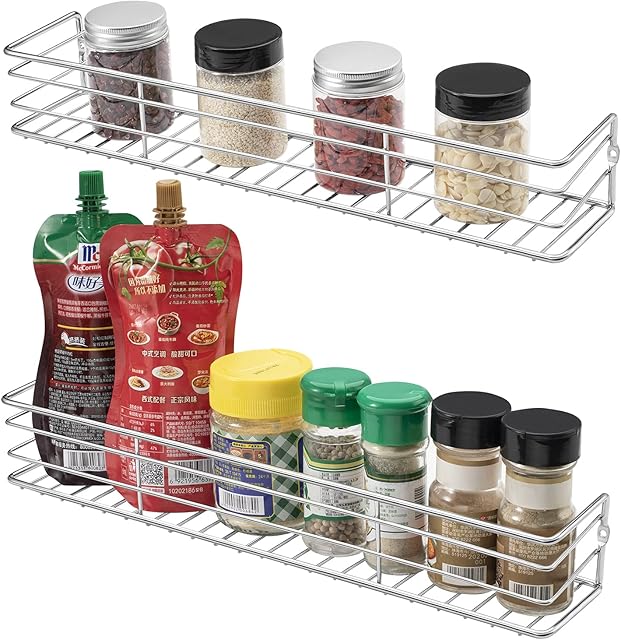 QIWODE Spice Rack Organiser [2 Pack], Wall Mounted Spice Storage Shelves for Kitchen Cupboard Pantry Cabinet Door, Sturdy Hanging Organizer (Large Size - Silver)
